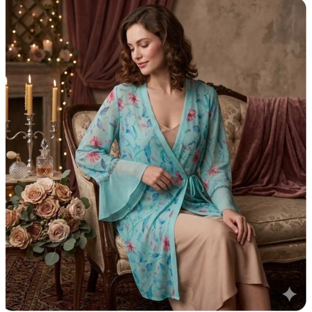 Cacique Floral Chiffon Robe 26/28 Wrap Bell Sleeve Feminine Vacation Honeymoon